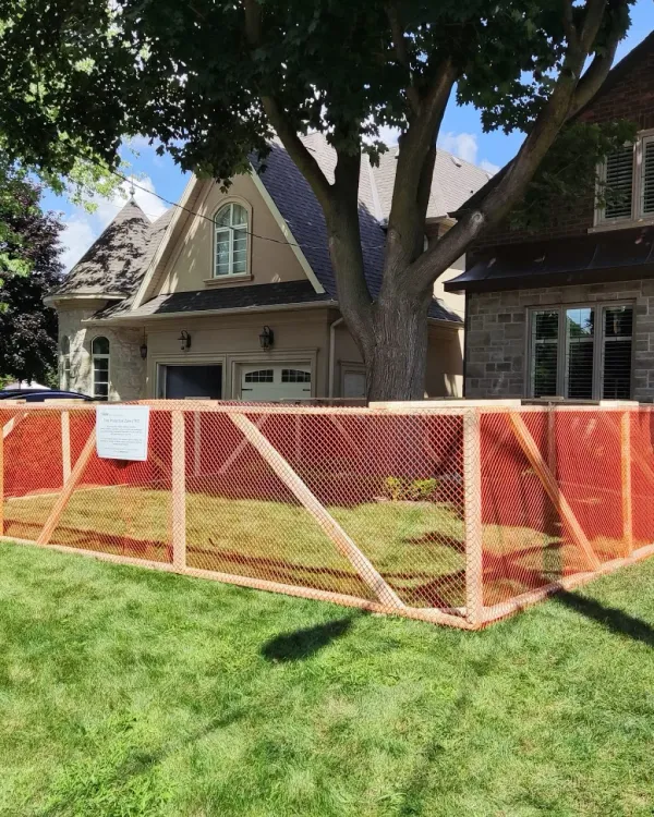 Orange tree protection fencing installed at a construction site