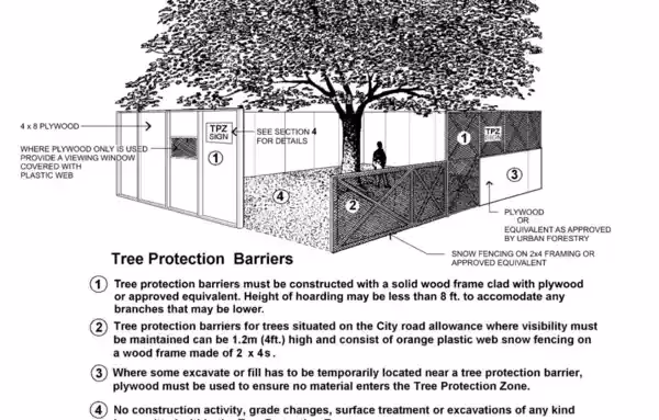 Tree protection barrier construction detail with numbered specifications