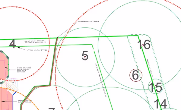 Dashed tree protection zone circles plotted over a property survey