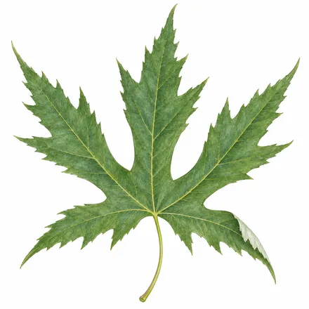 A green leaf with five narrow pointed lobes, deep gaps between them, toothed edges and a pale underside visible at one curled tip.