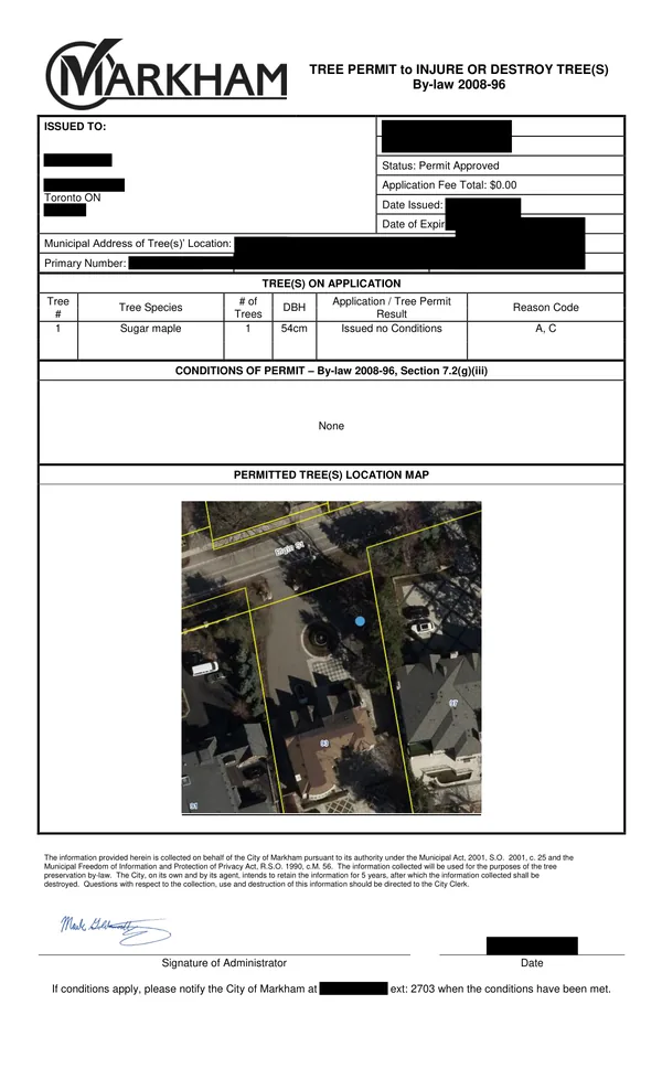 Markham tree removal permit example