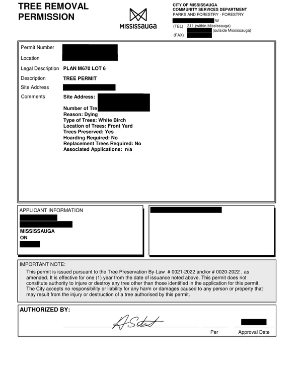 Mississauga tree removal permit example
