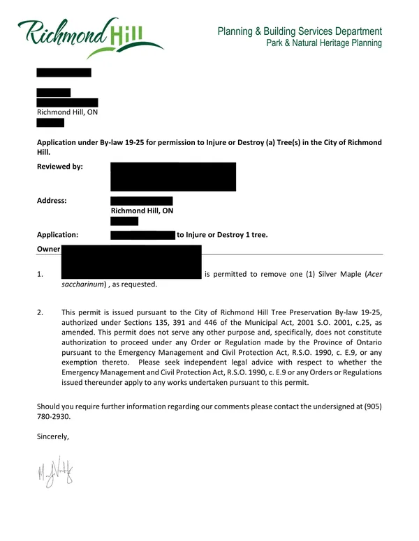 Richmond Hill tree removal permit example
