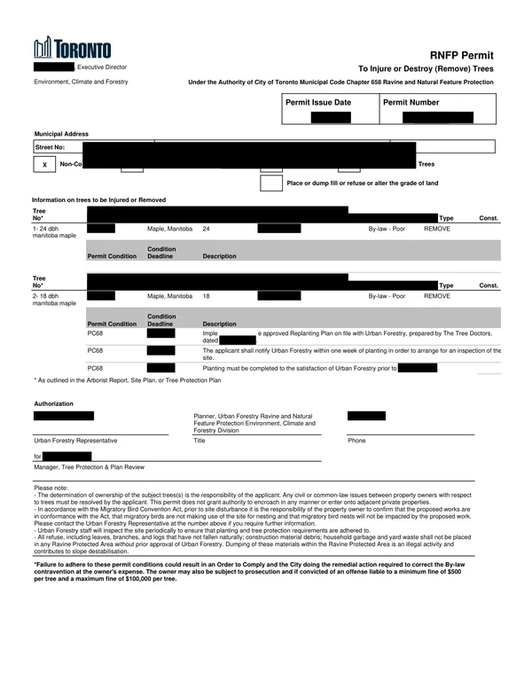 Toronto (RNFP) tree removal permit example