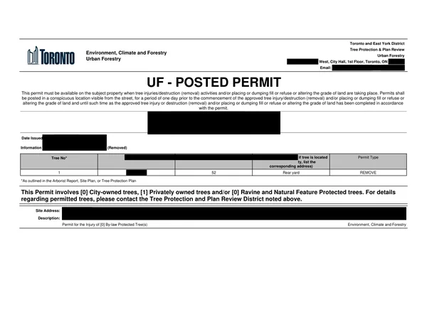 Toronto tree removal permit example